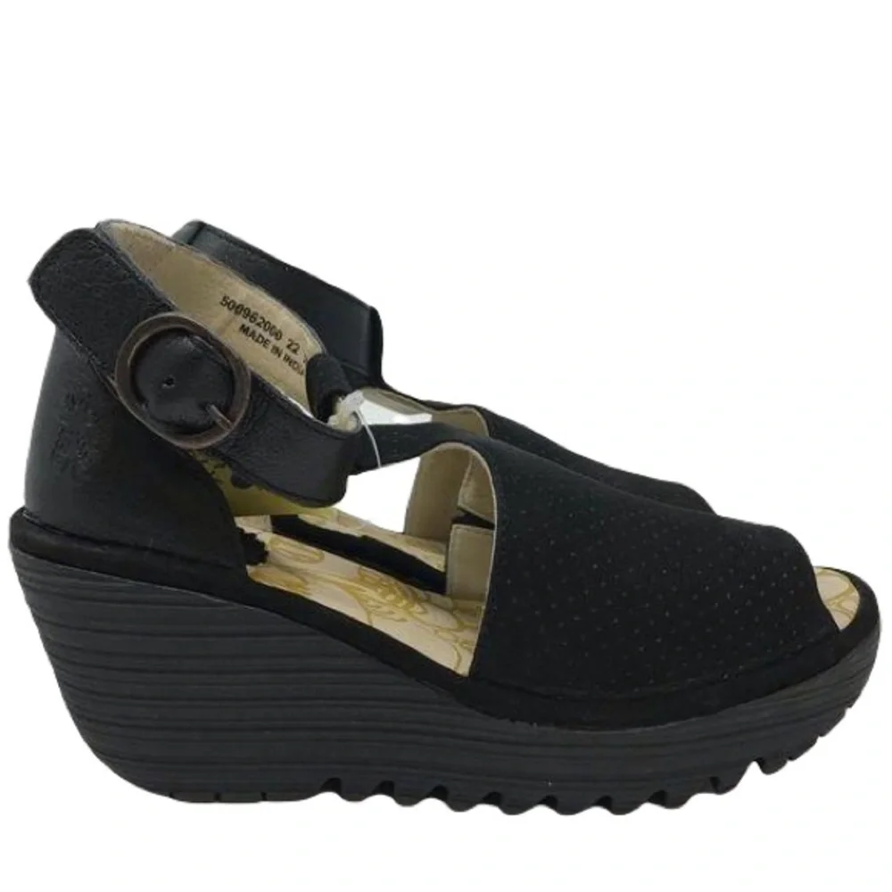 FLY London Perforated Leather Ankle Strap Wedges Sandals Black Size 38 (7.5-8)